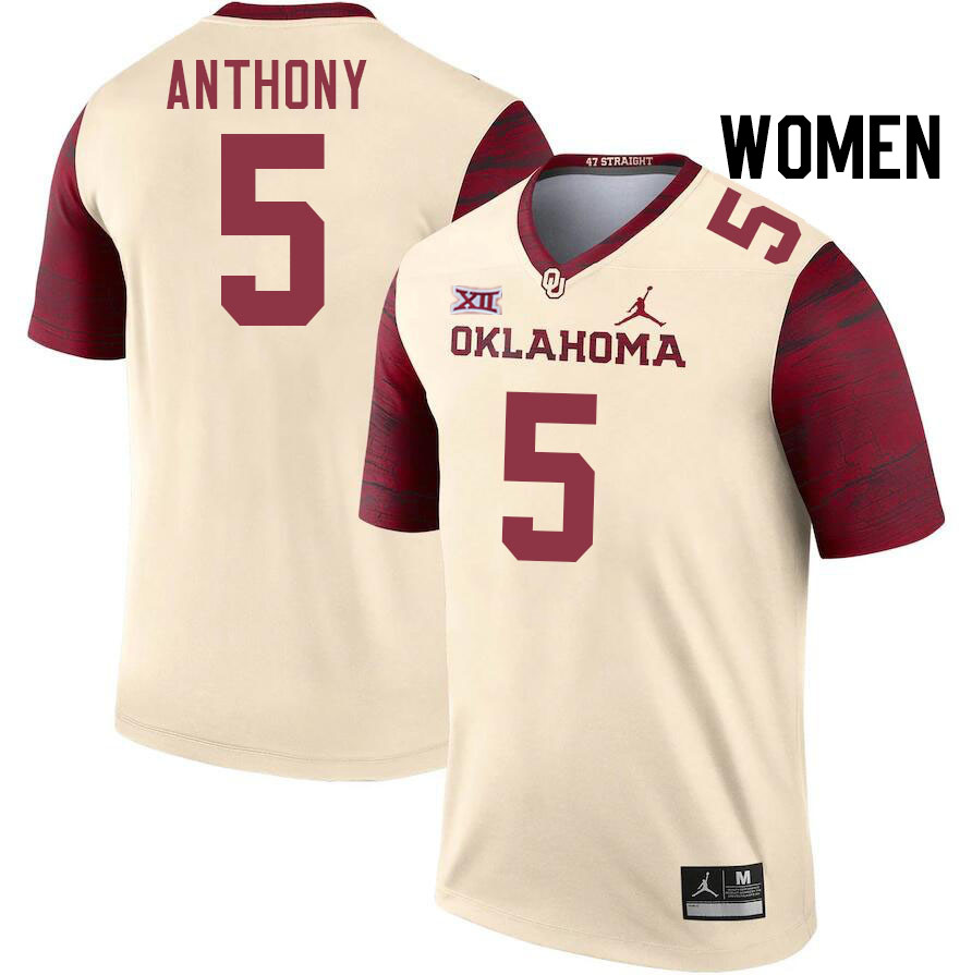 Women #5 Andrel Anthony Oklahoma Sooners College Football Jerseys Stitched-Cream - Click Image to Close